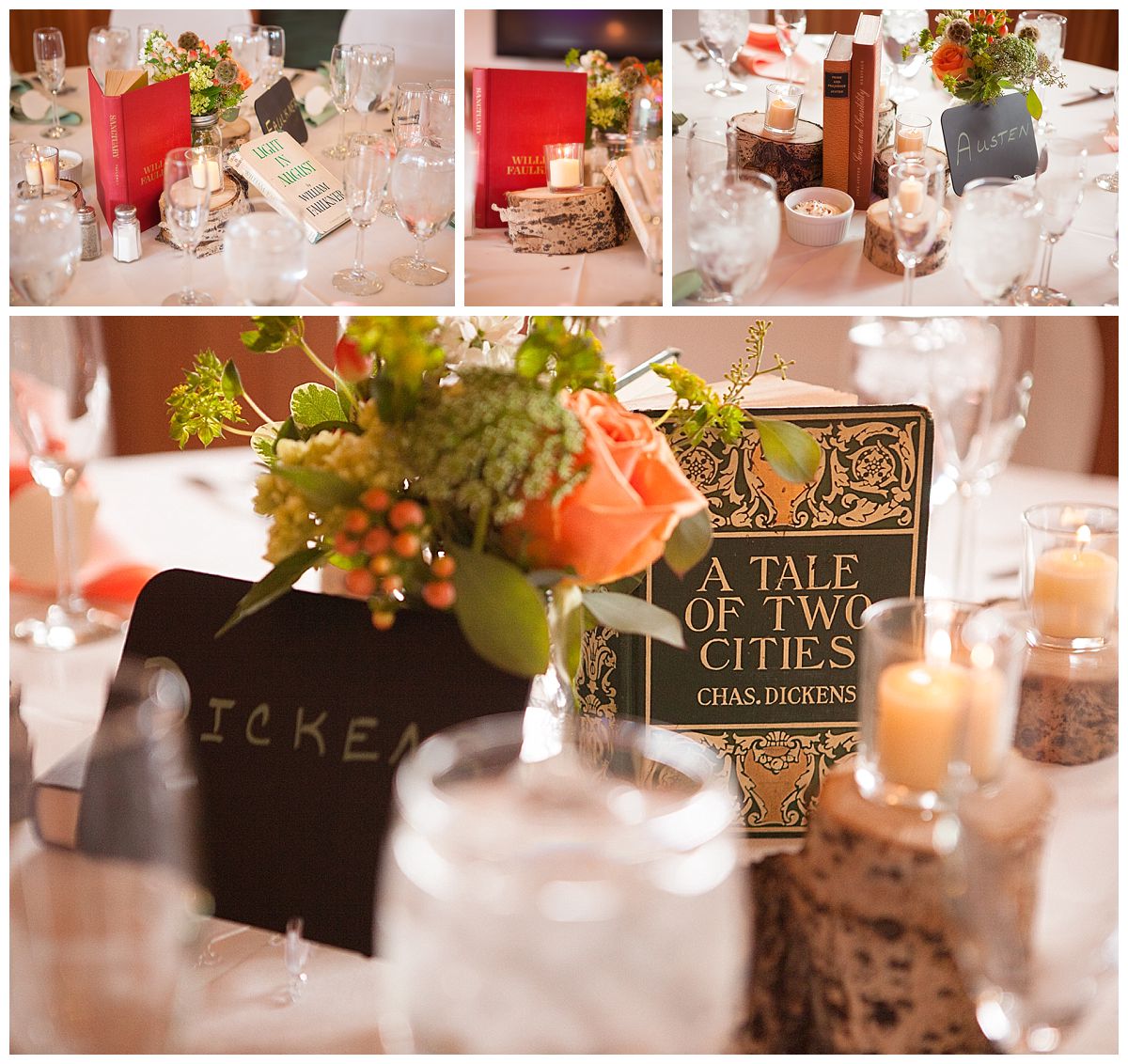 charles dickens and vintage books for wedding centerpieces 