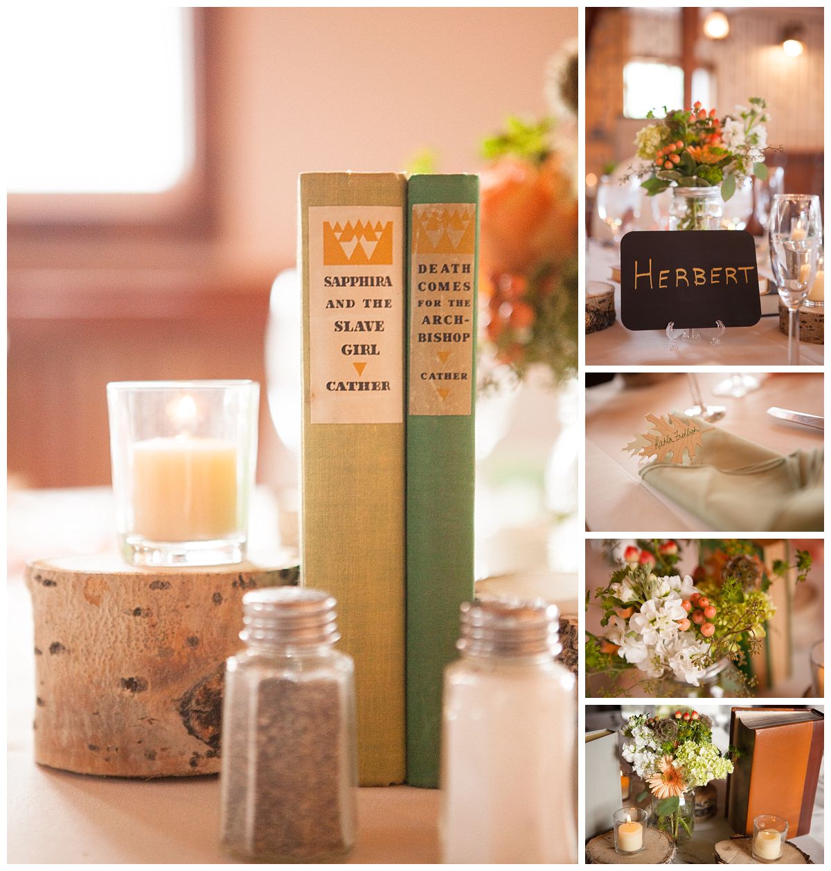 Vintage books and author themed wedding details