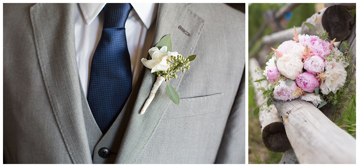 Soft pink and white bouquet with aspen leaves and white boutonniere - Kimball Floral