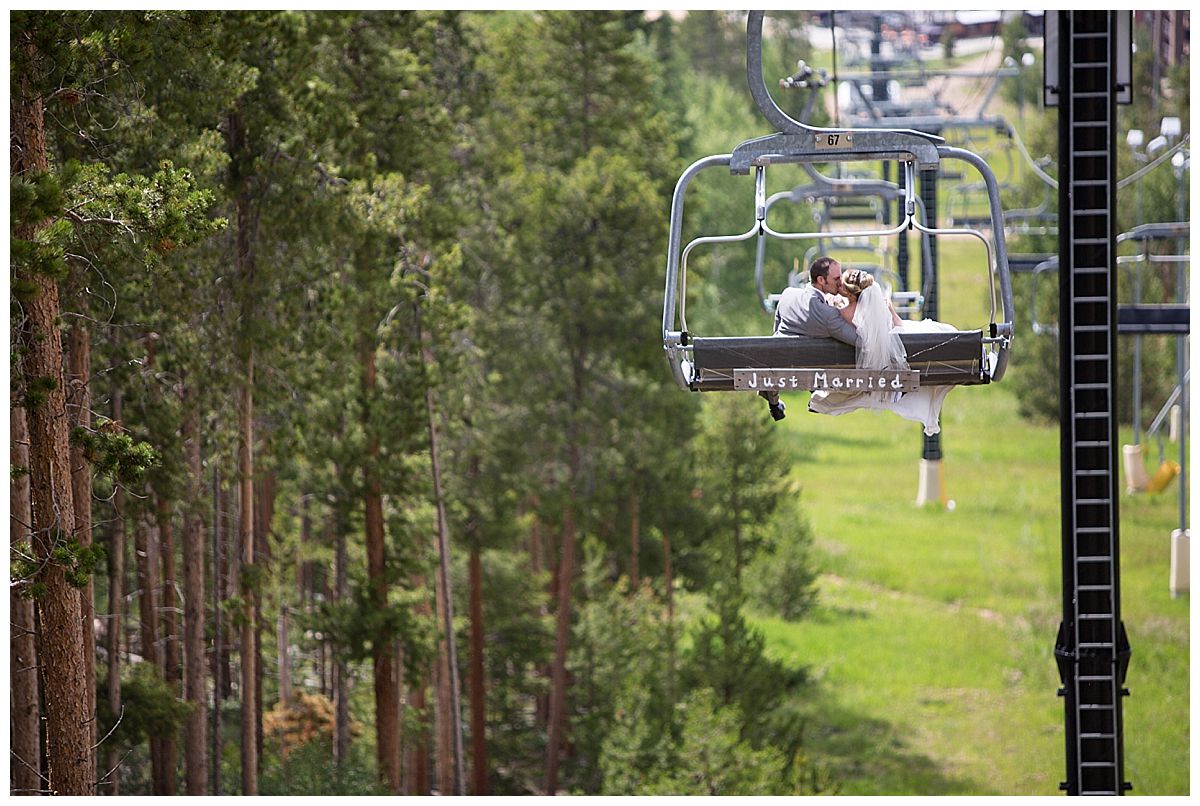 Chair lift wedding with Just Married Sign