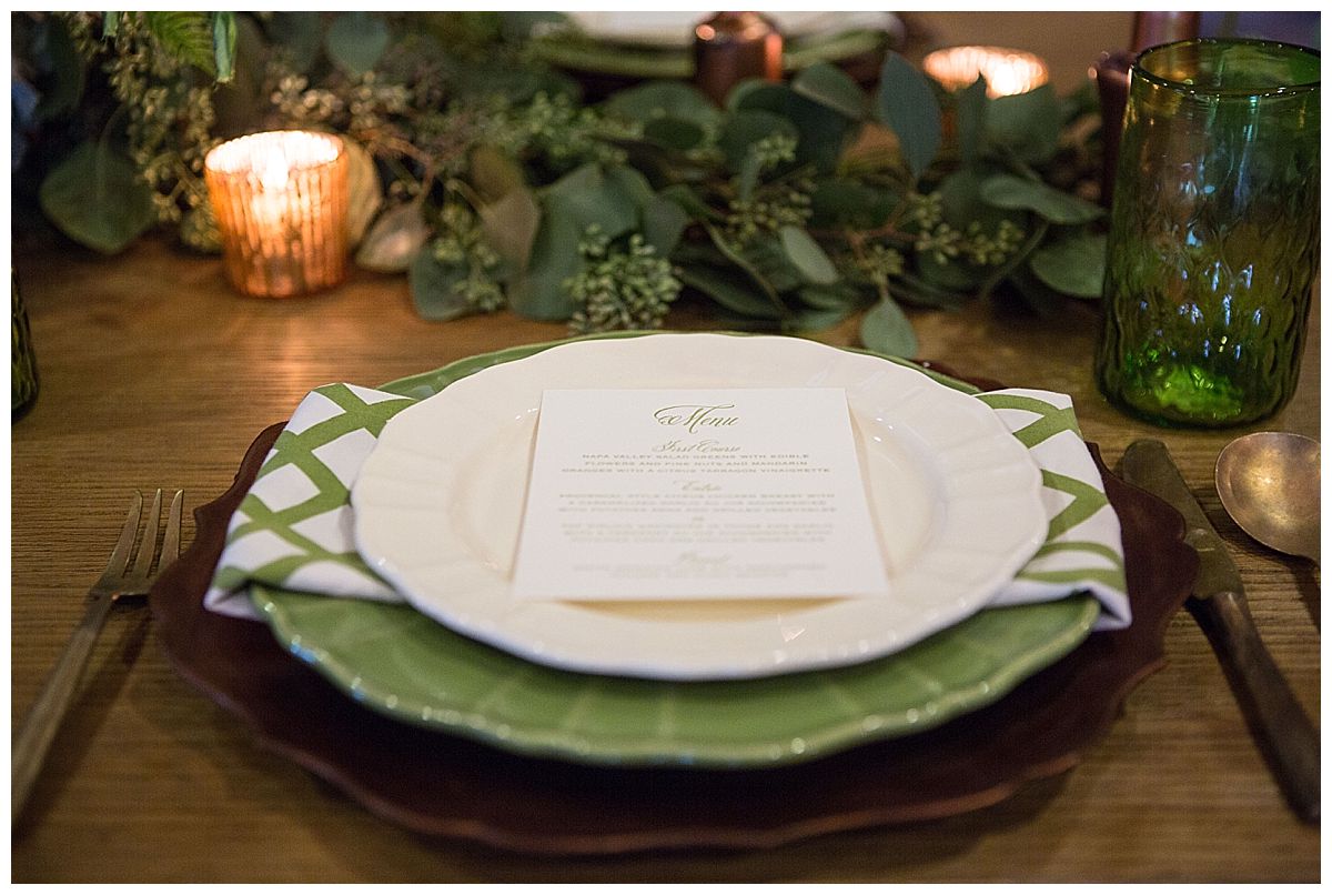 Copper and green place setting wedding winter
