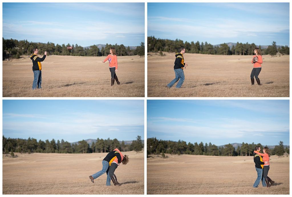 playing football at engagement session
