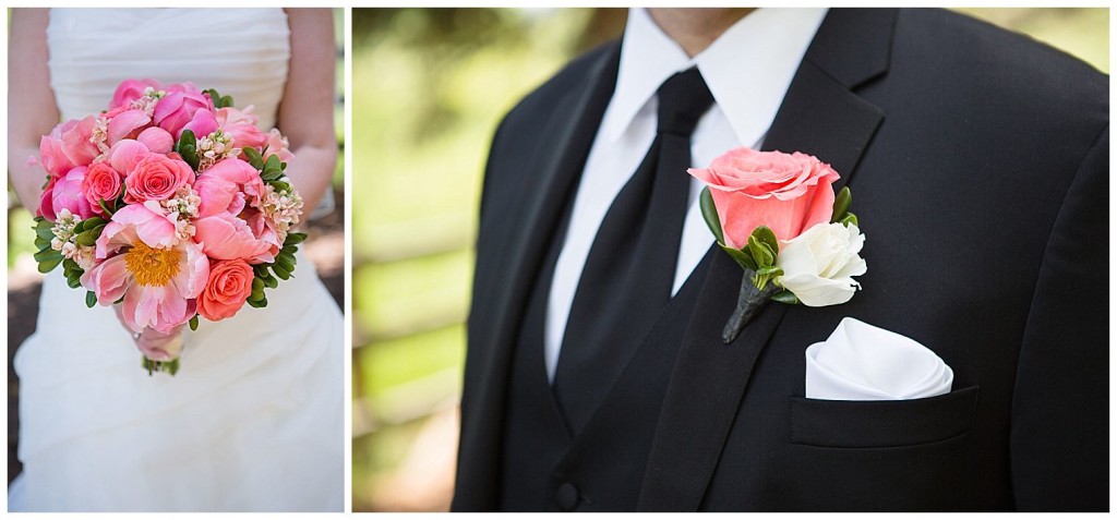 Pink bridal bouquet and pink and white boutonnière
